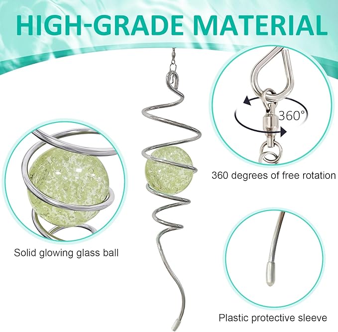 Glow in The Dark Gazing Ball Spiral Tail - Wind Spinner Stabilizer with Glow Glass Ball & Swivel Hook, Hanging Garden Decoration Sun Catcher Rainbow Maker Decor for lndoor Outdoor 13" Height
