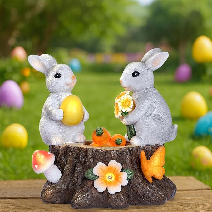 Garden Statues Rabbit with Solar Lights Bunny Figurines Outdoor Decorations for Home Lawn Patio Balcony Backyard for Women Mom Grandma Easter or Birthday
