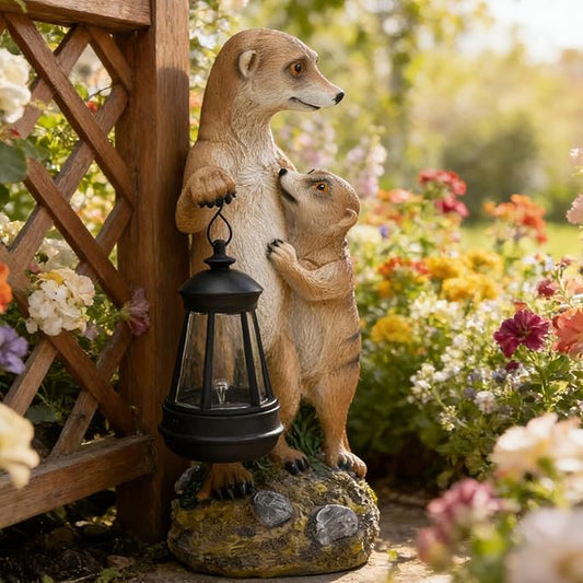 Meerkat Mother & Baby Solar Garden Statue Outdoor Decor Resin Figurine with Lantern Lights Waterproof Lawn Ornament Animal Sculpture for Patio Yard Porch Christmas