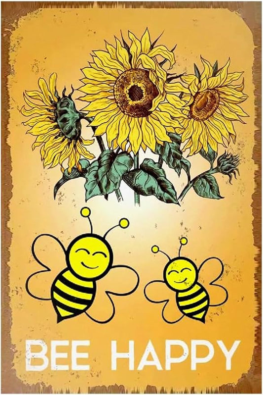 Funny Flowers Metal Sign, Metal Country Rustic Tin Sign, Sunflowers Bee Happy, Yard Sign Garage Farm Outside Garden Wall Decor Sign Plaque Outdoor for Home Fence 8 X 12 Inch