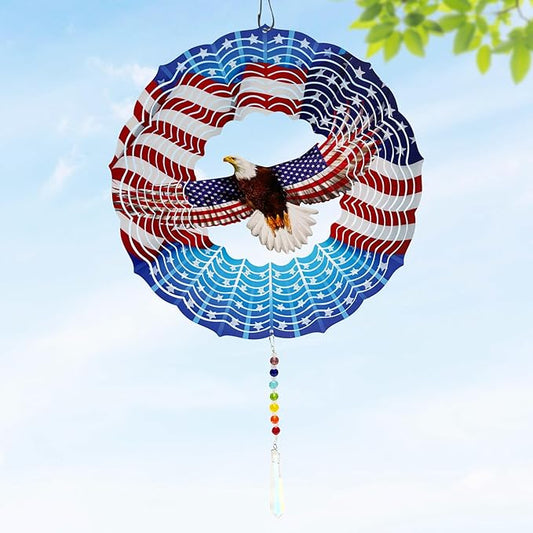 American Eagle Wind Spinner Crystal Tail, Marzovitra 10 inch 3D Stainless Steel Hanging Wind Spinner Metal Wind Catchers Kinetic Sculpture for Indoor,Outdoor Garden Decor,Yard Art