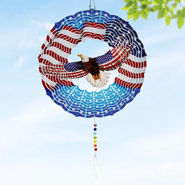 American Eagle Wind Spinner Crystal Tail, Marzovitra 10 inch 3D Stainless Steel Hanging Wind Spinner Metal Wind Catchers Kinetic Sculpture for Indoor,Outdoor Garden Decor,Yard Art