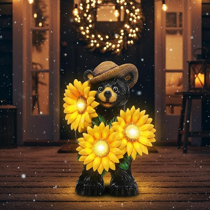 Bear Statue with Sunflowers LED Light 7.2" Solar Lamp Outdoor Garden Patio Yard Porch Lawn Decor Waterproof Resin Black Bear Figurine Unique Garden Gifts for Women Mom Grandma Sister