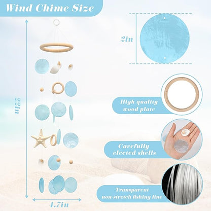 Sea Shells Wind Chimes - Handcrafted Blue Capiz Shells Windchime with Starfish, Coastal Style Decor for Indoor/Outdoors, Garden Decor, Great Gift for Women, Wind Chimes Lovers and More