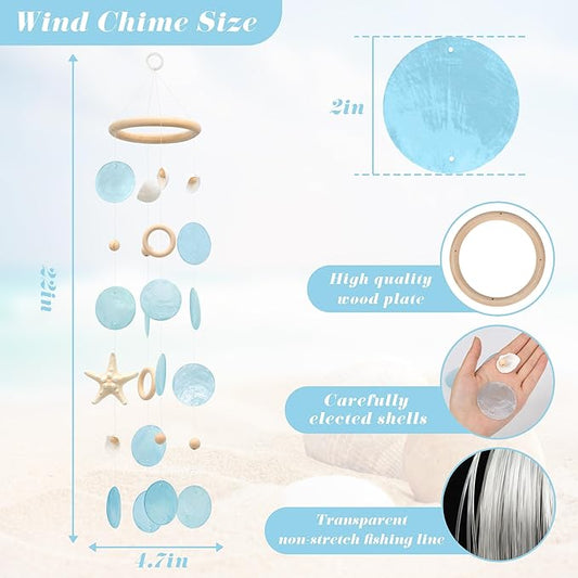 Sea Shells Wind Chimes - Handcrafted Blue Capiz Shells Windchime with Starfish, Coastal Style Decor for Indoor/Outdoors, Garden Decor, Great Gift for Women, Wind Chimes Lovers and More