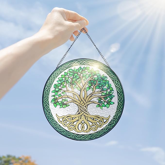FLAGWIX Tree of Life Gifts for Women Men - Stained Glass Window Hanging 8 in - Birthday Gifts for Mom Grandma, Tree of Life Decorations Indoor, Celtic Suncatchers Garden Decor