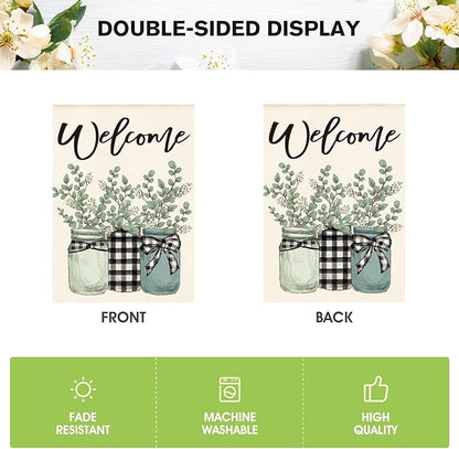 AVOIN colorlife Eucalyptus Mason Jar Spring Summer House Flag 28x40 Inch Double Sided Outside, Buffalo Plaid Welcome Yard Outdoor Flag