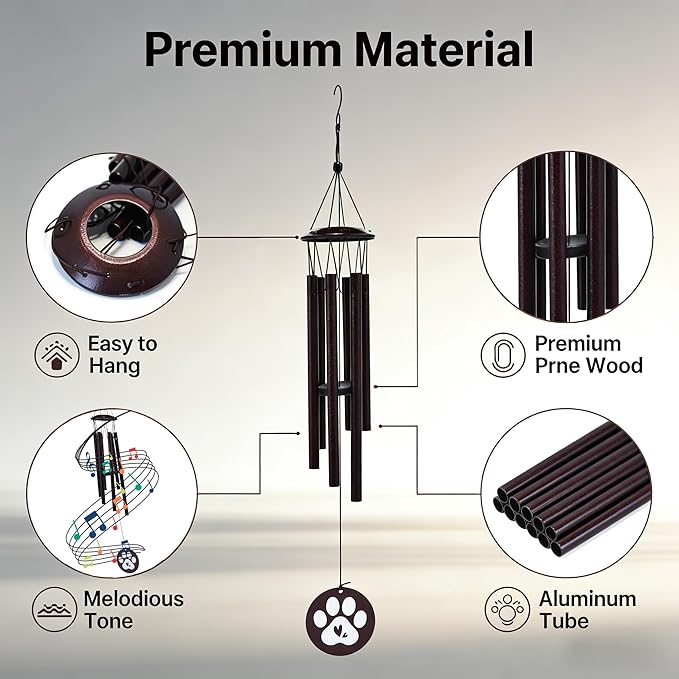 Premium Metal Pet Memorial Wind Chime with Paw Print, Black, for Dog Cat Remembrance, Garden Outdoor Sympathy Bereavement Gift (26inch)
