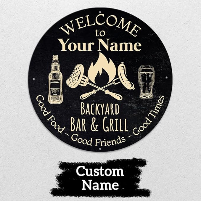 MeMate Outdoor Decor - Personalized Metal Bar and Grill Sign for Patio, Porch, Deck - BBQ Beverage Housewarming Gifts