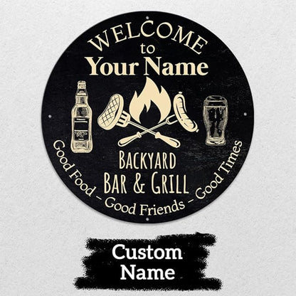MeMate Outdoor Decor - Personalized Metal Bar and Grill Sign for Patio, Porch, Deck - BBQ Beverage Housewarming Gifts
