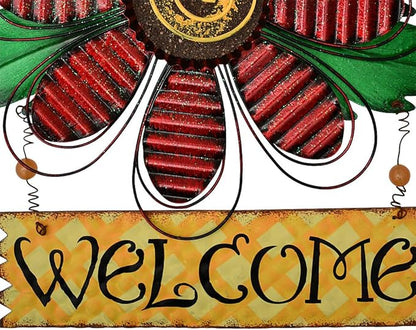 Metal Welcome Sign Daisy Hanging Signs for Front Door - Indoor Outdoor Door Decor Wall Art Flower Decoration Decorative Ornament Wreath for Home Garden Patio (Red)