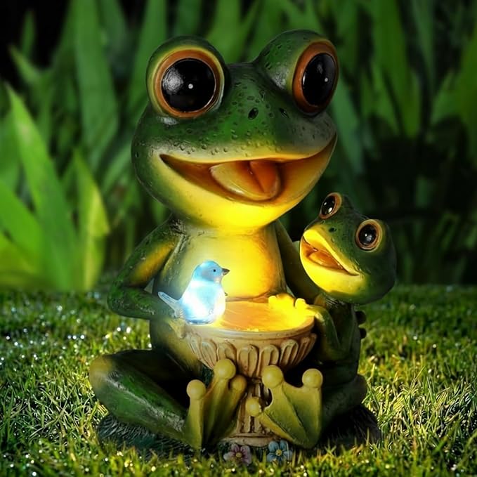 Roowest Solar Garden Statue Frog with Bird Bath, Mother & Child Frog Outdoor Decor with LED Light, Waterproof Resin Yard Ornament, Cute Frogs Gift for Mom Grandma Women, Patio Lawn Balcony Decoration