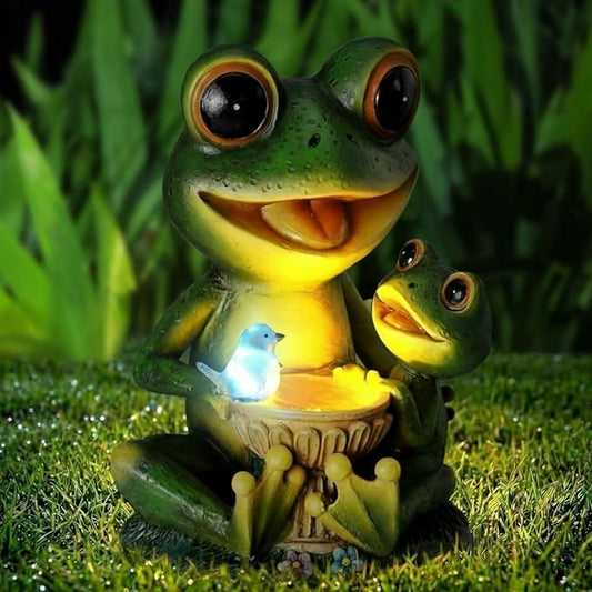 Roowest Solar Garden Statue Frog with Bird Bath, Mother & Child Frog Outdoor Decor with LED Light, Waterproof Resin Yard Ornament, Cute Frogs Gift for Mom Grandma Women, Patio Lawn Balcony Decoration