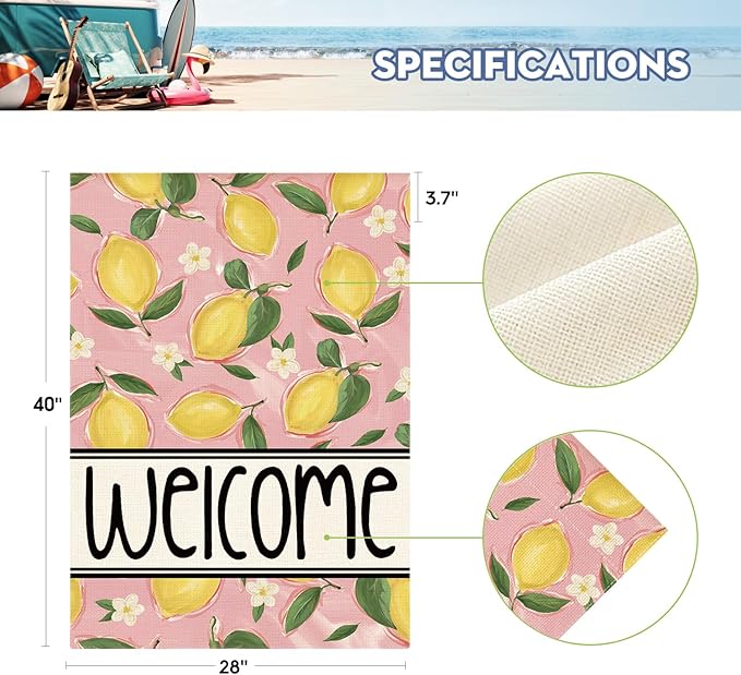 AVOIN colorlife Summer Lemon House Flag 28x40 Inch Double Sided Outside, Pink Welcome Seasonal Yard Outdoor Flag