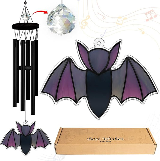 Halloween Bat Gothic Wind Chime for Outside Halloween Decoration Spooky Bat Suncatcher Crystal Rainbow Ornament Bat Flying Wind Chimes Outdoor for Porch Witchy Garden Gifts for Bat Lovers Friends