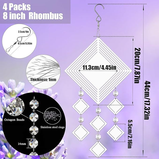 4Pack 8inch Sublimation Wind Spinner Blanks 3D Aluminum Metal Wind Sculpture Kinetic Spinners for Yard and Garden Indoor Art Ornaments Hanging Decoration (Rhombus)