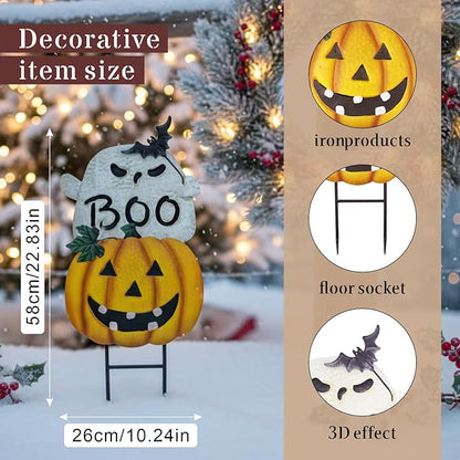 Metal Halloween Yard Stakes, Halloween Decorations Outdoor with Ghost Pumpkin, Jack-o-Lantern Stacked Garden Stakes Lawn Gift for Party Pathway Porch Patio Decor, 25“
