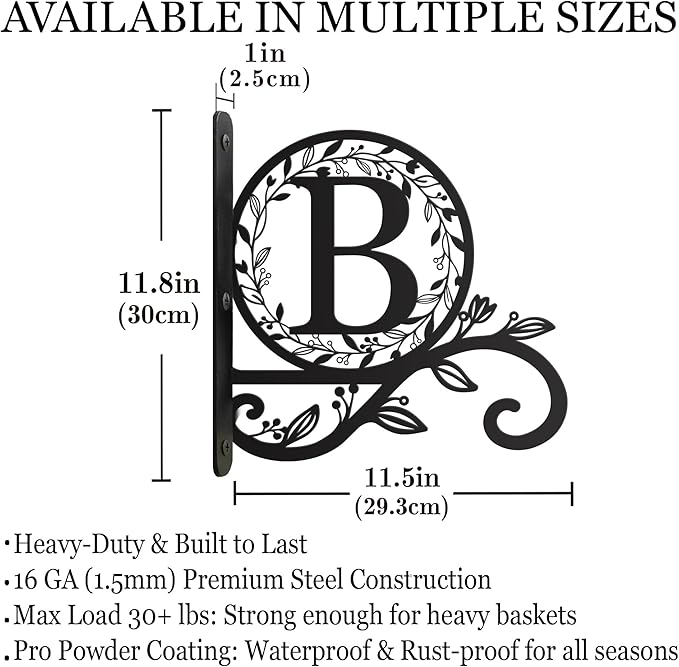 Metal Initial Letter B Plant Hanger Bracket, Decorative Wall Mount Hanging Plant Hook, Monogram Floral Leaf Garden Decor for Hanging Baskets, Bird Feeders, Lanterns, Wind Chimes