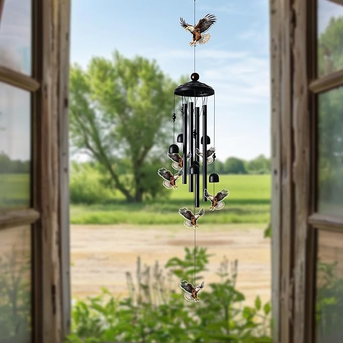 Eagle Wind Chimes for Outside, Black Metal Acrylic Windchimes Outdoors, Eagle Gifts for Women Men, Garden Yard Decor, Memorial/Birthday Gifts for Grandma Mom, Durable Chimes for Outdoors