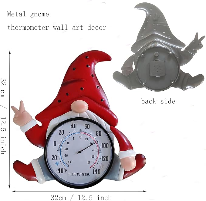 Metal Gnome Thermometer Indoor Outdoor Wall Art Decor Plaque Sculpture Hanging Mounted for Living Room Bedroom Kitchen Workroom Patio, Waterproof,No Battery Required