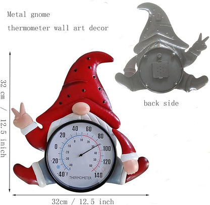 Metal Gnome Thermometer Indoor Outdoor Wall Art Decor Plaque Sculpture Hanging Mounted for Living Room Bedroom Kitchen Workroom Patio, Waterproof,No Battery Required