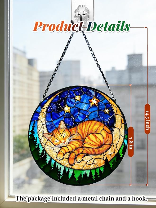 Stained Glass Window Hanging, Orange Sleeping Cat Suncatcher for Door Home Decor Moon Starry Night Sun Catcher Ornament Mother's Day Birthday Gifts for Women Men Mom 7.8 in