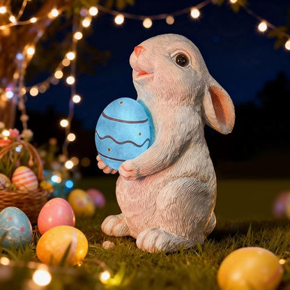 Solar Easter Rabbit Garden Statues Outdoor Easter Decorations Resin Bunny Figurine with Egg Changing LED Lights for Porch Patio Lawn Yard Gardening Gifts for Mom Grandma