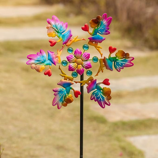 44" Flower Fairy Garden Wind Spinners - Metal Outdoor Stakes Kinetic Wind Spinner Windmills Decor, Wind Sculpture Yard Art Decorations for Patio, Lawn & Garden