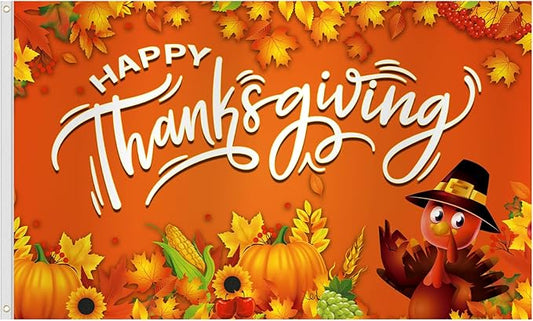 Thanksgiving Flag 3x5 Ft Happy Thanksgiving Decorations Orange Turkey Pumpkins Sunflower Leaf Backdrop Hanging Outdoor Flag Party Supplies for Indoor Outdoor Garden,Lawn,Yard,Balcony Decor