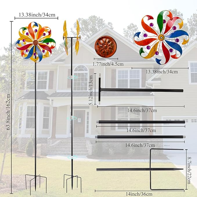 DREAMYSOUL Wind Spinners Outdoor, 13" Dia Colorful Petals Metal Garden Wind Spinner, Kinetic Wind Sculptures & Spinners for Yard Lawn Patio Decor
