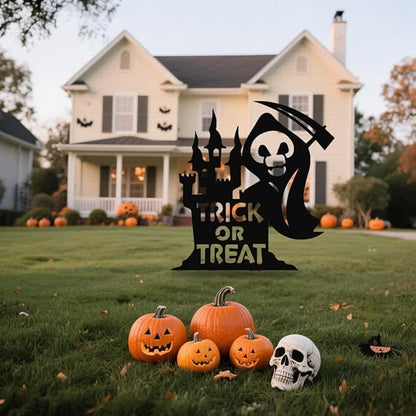 Grim Reaper Metal Yard Stake Decor - Black Skeleton with Scythe Silhouette for Gothic Haunted House Yard, Garden, or Porch, Weatherproof & Easy Setup Metal Decor Sign with "Trick or Treat" Cutout