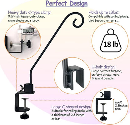 Heavy Duty Deck Hook,Courtyard Decoration,Pole 16.5”Long Metal Deck Railing Hooks for Hanging Bird Feeders,Planters,Suet Baskets,Lanterns,Wind Chimes,Clamp Mounted,Under 18 LBS(2 Pack)
