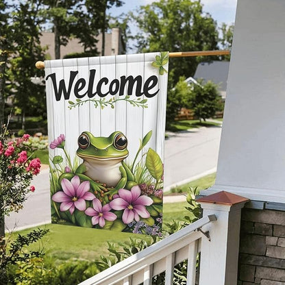 Welcome Frog Pink Flowers Garden Flags 12×18 Inch Double Sided Decorative Yard Banner Seasonal Flag for Outdoor Outside Decor