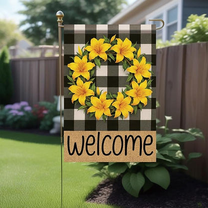 Buffalo Plaid Welcome Wreath Garden Flag Lily Flower Flag 12x 18 Inch Double Sided Spring Outdoor Fall Autumn Farmhouse Outdoor Small Decor for Porch Lawn Patio Yard