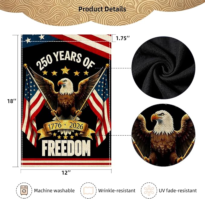 250 Years America Garden Flag, Double Sided 12x18 Patriotic Banner, Eagle Design, 1776-2026 US Semiquincentennial Yard Decor