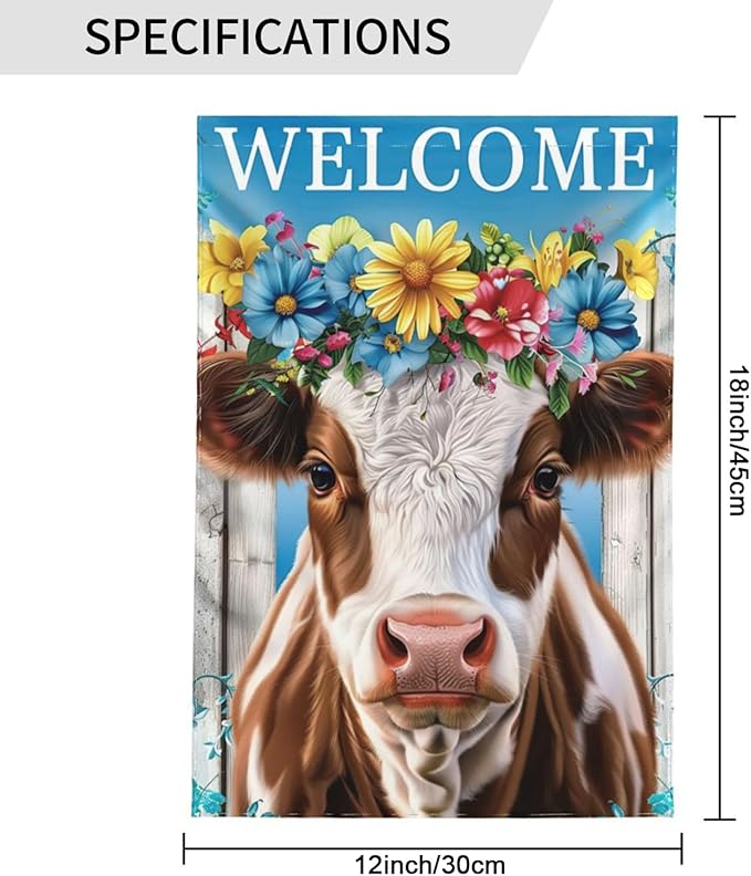 Floral Cow Garden Flags 12×18 Inch Welcome Double Sided Decorative Yard Banner Seasonal Flag for Outdoor Outside Decor
