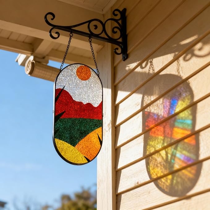 Stained Glass Window Hanging, Sunset Red Orange Yellow Color Block Sun Catchers Indoor Window, Artistic Home Indoor Entryway Wall Decor Gifts for Women Wife Men Kids Birthday