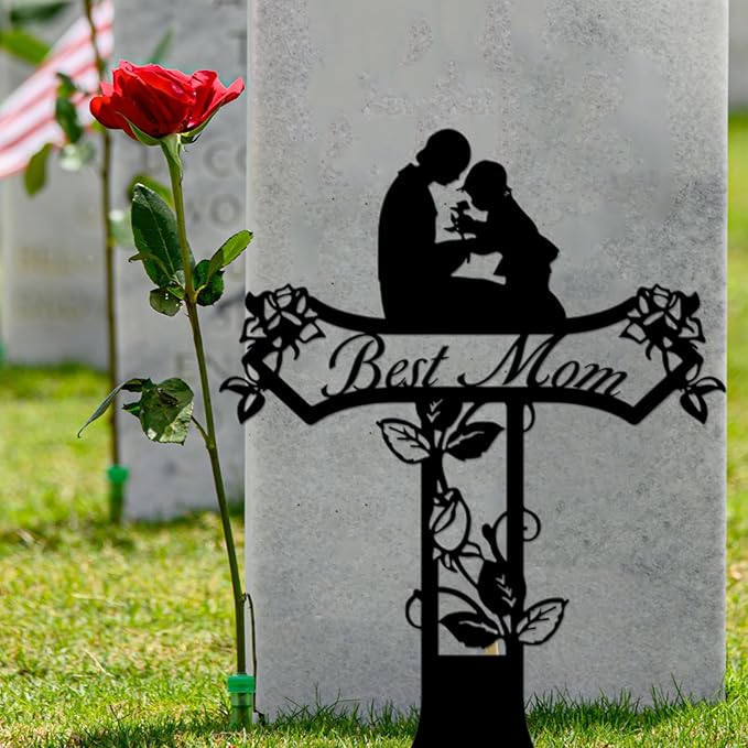 Rustic Metal Cross Memorial Stake, Mom Dad Grave Site Decorations Artificial Flowers for Cemetery, Ideal for Yard, Garden, Lawn & Tombstone, Cemetery Decorations for Grave (Mom)