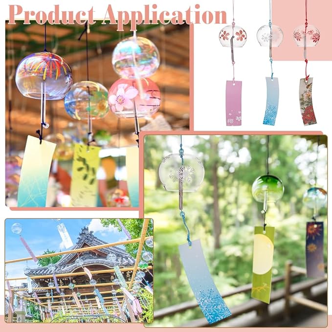 BENECREAT 3PCS Japanese Wind Chimes Pink Cherry/Red/Blue Glass Wind Bells Handmade Pendants for Birthday Gift, Home Wedding Party Decorations
