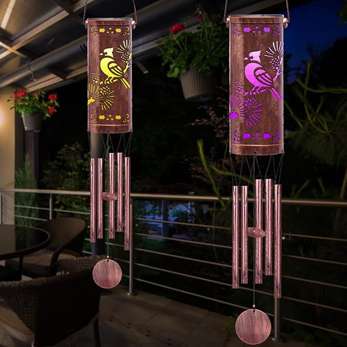 FSVGYY Solar Wind Chimes Hanging Lights Outdoor Metal Wind Chimes Memorial Wind Chime for Garden/Patio Decor Gifts for Women,Grandma,Mom (30" Metal Chimes/Red Bird)
