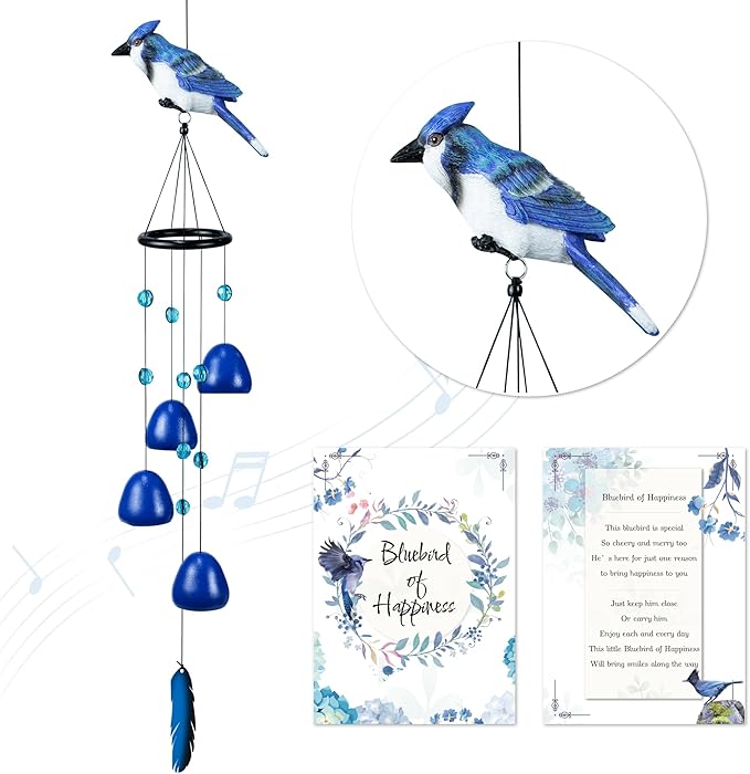 Bird Wind Chimes for Outside，Steller'Jay Bird Gifts，Blue Bird Wind Chimes Outdoor Decorations, Mother‘s Day Gifts for Mom/Grandma,Garden Patio Backyard Hanging Decor.