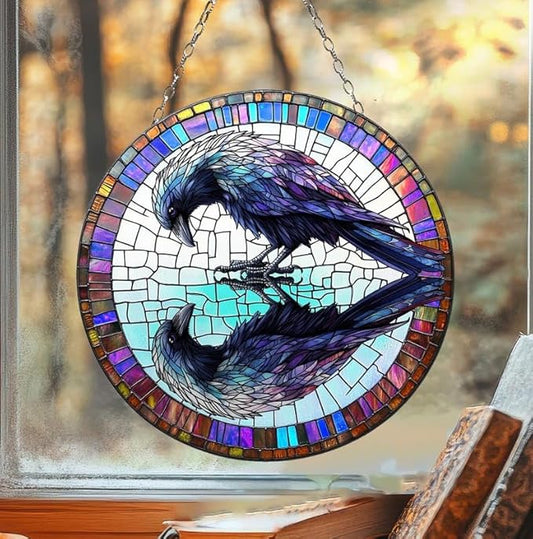 Raven Reflection Acrylic Suncatcher, Gothic Crow Window Hanging for Halloween and Dark Academia Decor
