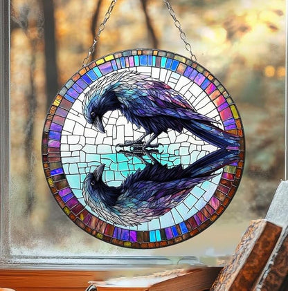 Raven Reflection Acrylic Suncatcher, Gothic Crow Window Hanging for Halloween and Dark Academia Decor