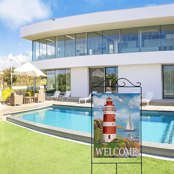 Home Decorative Welcome Summer Lighthouse House Flag, Spring Coastal Seagull Birds Garden Yard Beach Nautical Sailboat Outside Decoration, Ocean Outdoor Large Burlap Decor Double Sided 28 x 40