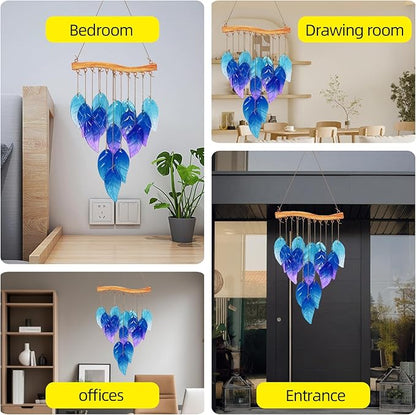Wind Chimes Blue Glass Leaves, Garden Wind Chime for Home, Party, Festival Decor, Glass Garden Patio Yard Porch Decoration Indoor/Outside, Lifelike Leaf Style