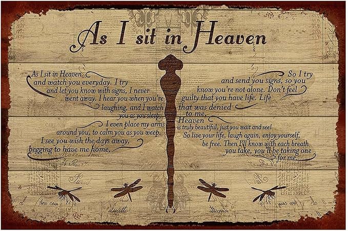 Dragonfly Tin Sign Metal Poster Vintage, As I Sit in Heaven, Wall Art Decor Gifts for Home Bar Kitchen Restaurant Bedroom Garden Plaque 8x12 Inch