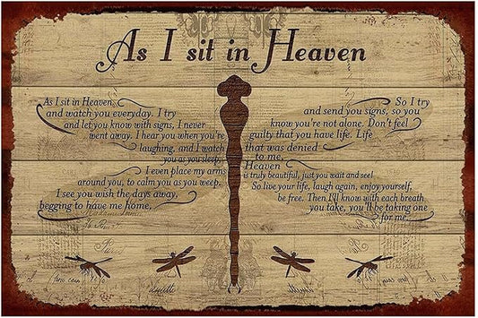 Dragonfly Tin Sign Metal Poster Vintage, As I Sit in Heaven, Wall Art Decor Gifts for Home Bar Kitchen Restaurant Bedroom Garden Plaque 8x12 Inch