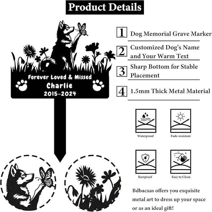 Custom Husky Dog Memorial Grave Marker,Personalized Metal Flora Dog Memorial Stake,Dog Memorial Plaque Burial Stake Engraved Sign,Sympathy Grave Stake for Lost Dog,Dog Statue Headstone