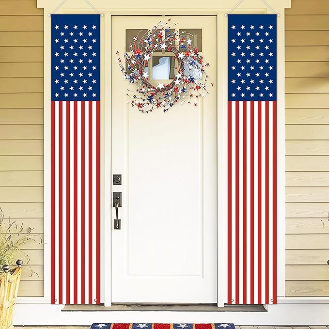 Memorial Day 4th of July Decorations, 2pcs 71x13 Inch Hanging American Flag Door Banner, America 250 Anniversary USA Flag for Home School Office Yard Front Porch Patio Garage Patriotic Décor