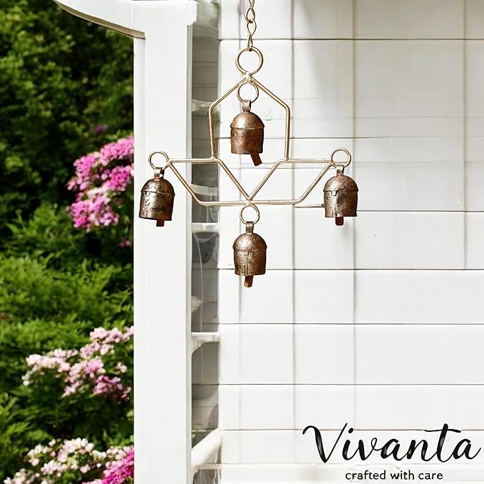 Handmade Wind Chime Bell – Rustic Hanging 4 Bell for Porch, Garden, Balcony, Christmas Decor – Farmhouse Jingle Bells, Witch Bells, Lucky Cow Bells, Boho Ornament Indoor Outdoor - 8 x 4 Inch